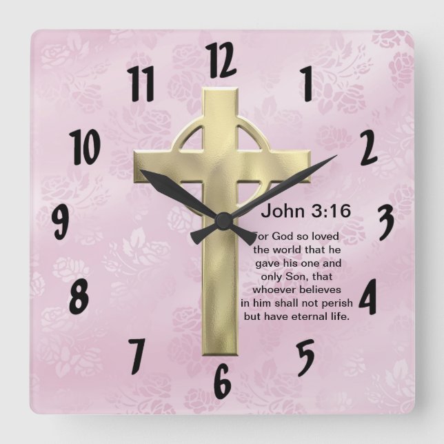 John 3:16 (rosor) fyrkantig klocka (Framsida)