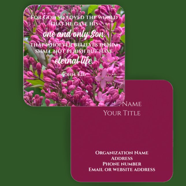 John 3:16 Skriptkortstext för foto-Anpassningsbar Fyrkantigt Visitkort (John 3:16 Bible scripture verse cards on floral lilac photo. Elegant custom script business cards.
)