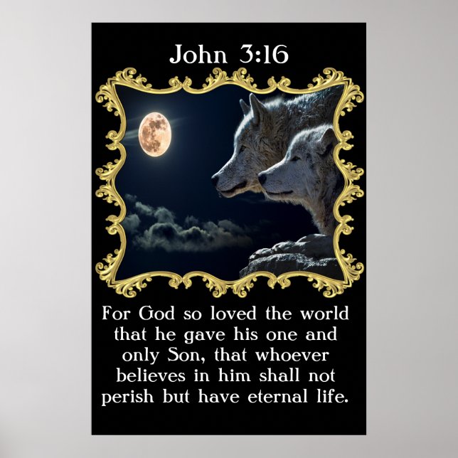 John 3:16 Varger tittar in i fullt måne. Poster (Framsidan)