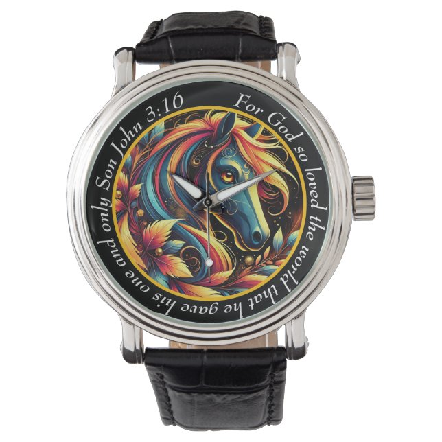 John 3:16 Vibrant Horse Timepiece Nature Faith Armbandsur (Framsida)