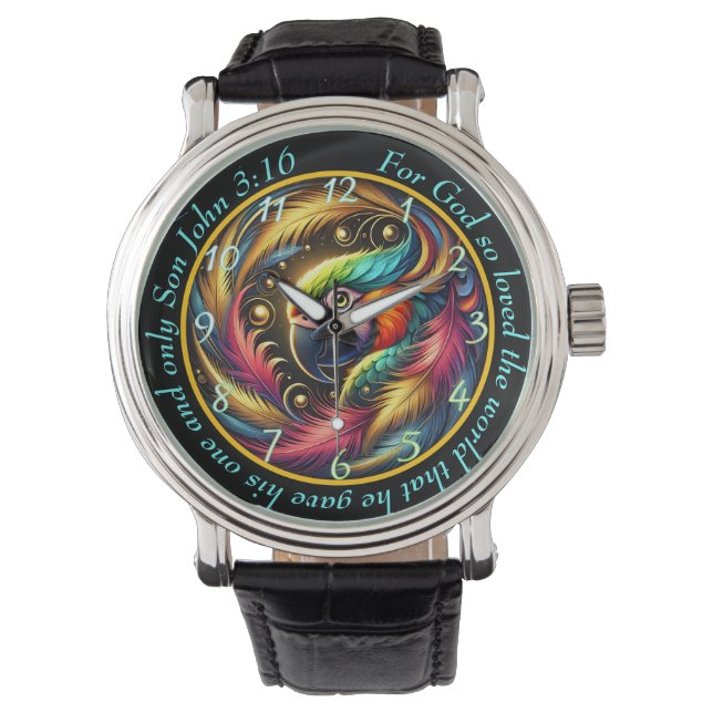 John 3:16 Vibrant Parrot Timepiece Tropical Faith Armbandsur (Framsida)