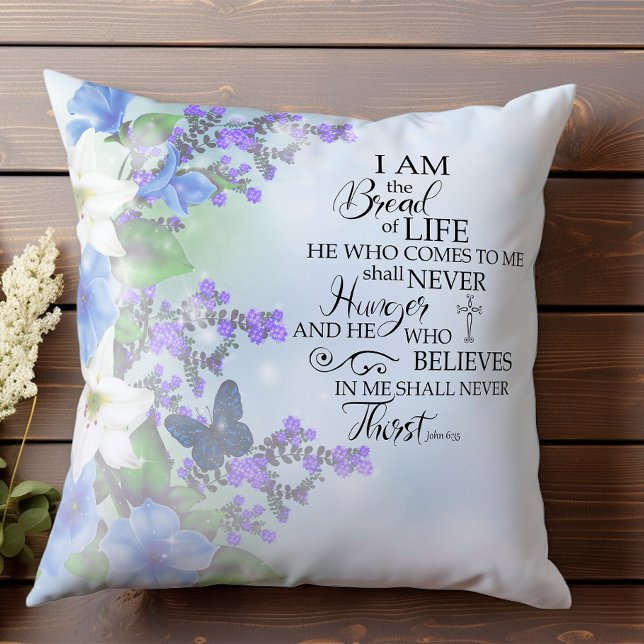 John 635 Bread of Life blue blommigt Inspirational Kudde (Skapare uppladdad)