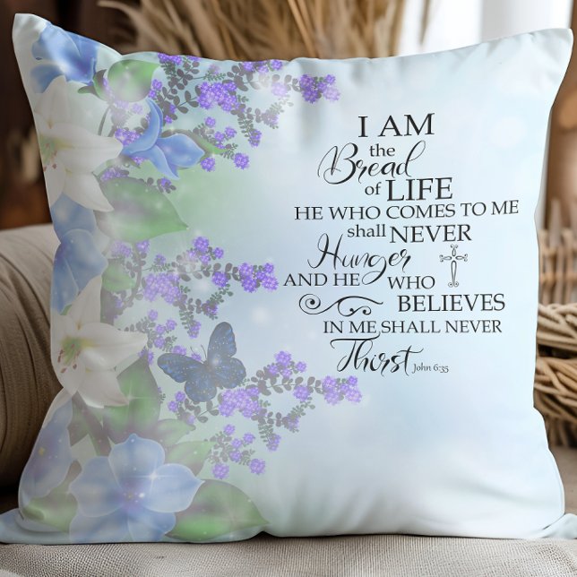 John 635 Livets bröd blå blomster Inspirerande Kudde (Skapare uppladdad)