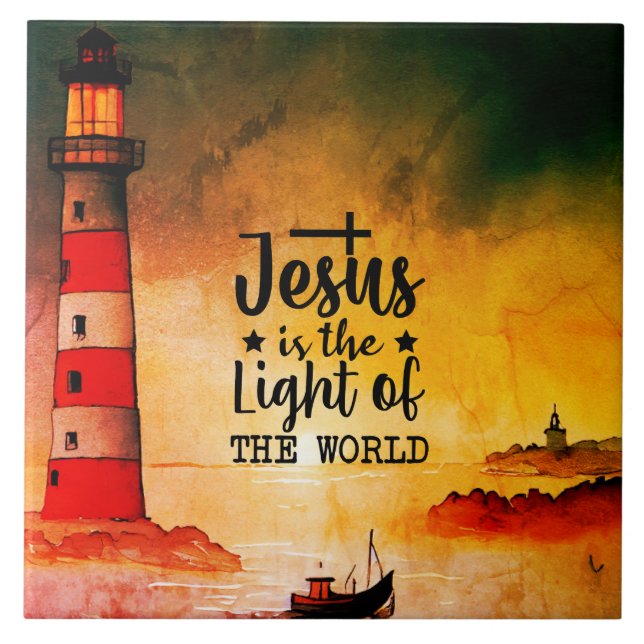 John 8 Jesus är World Lighthouses ljus Kakelplatta (Framsidan)