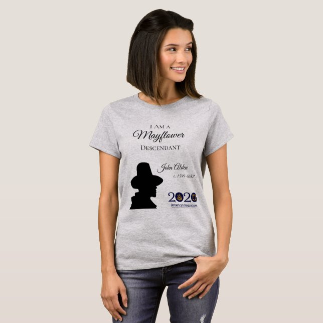 John Alden Mayflower härstamma kvinna T-tröja T Shirt (Hel framsida)