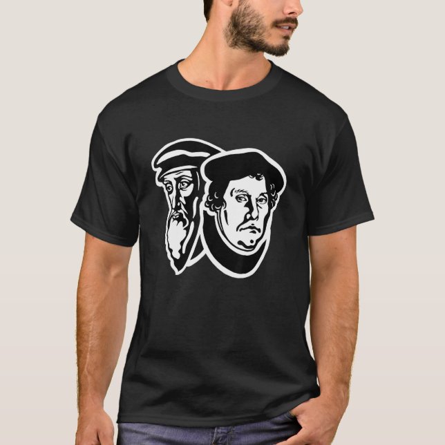 John Calvin och Martin Luther reformerade teologin T Shirt (Framsida)