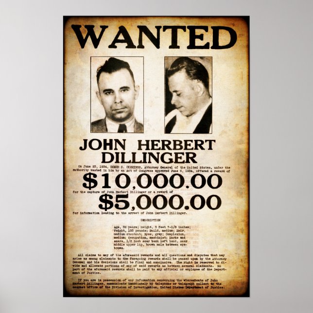 JOHN DILLINGER PUBLIC ENEMY WANTED 1934 POSTER (Framsidan)