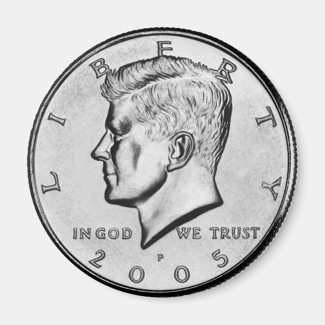 John F Kennedy halv dollar Coin Magnet. Magnet (Framsidan)