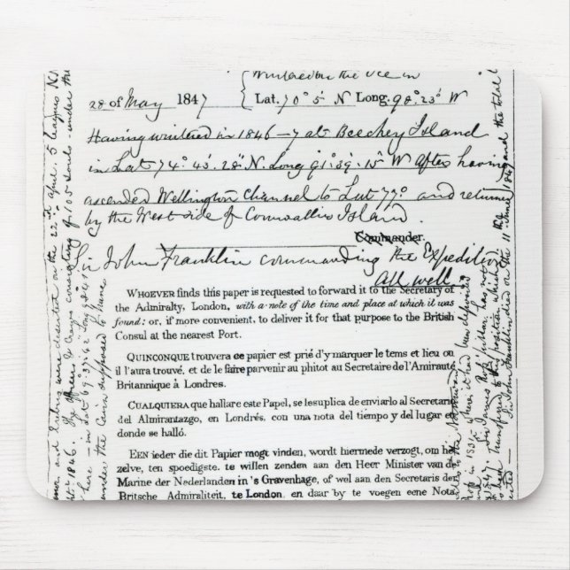 John Franklins meddelande Musmatta (Framsidan)