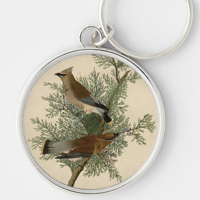 John James Audubon Cedar Waxwing Fågeltryck Rund Silverfärgad Nyckelring (Framsidan)