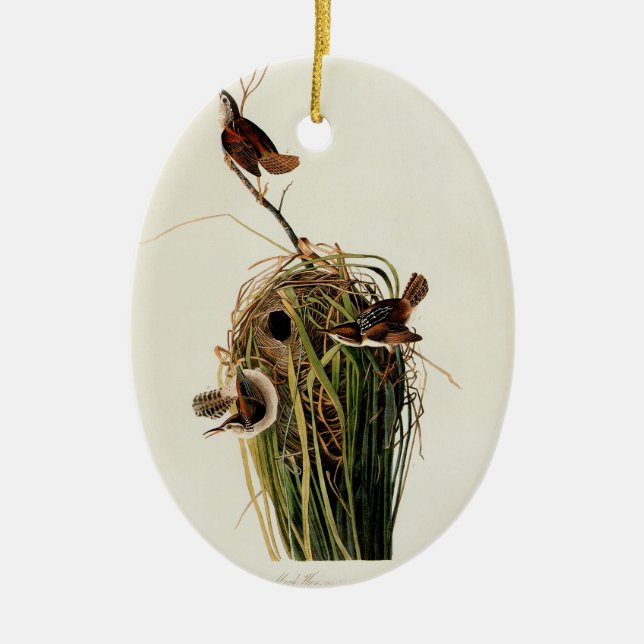 John James Audubon Marsh Wren Fågeltryck Julgransprydnad Keramik (Framsidan)