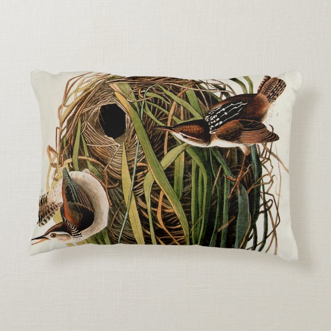John James Audubon Marsh Wren Fågeltryck Prydnadskudde (Baksidan)