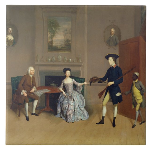 John Orde, med hans fru Anne och hans äldsta Son, Kakelplatta (Framsidan)