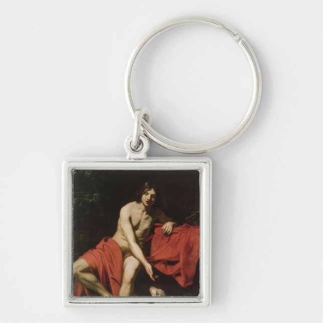 John The Baptist Fyrkantig Silverfärgad Nyckelring (Framsidan)