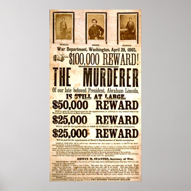 John Wilkes Booth efterlyst för mord  Poster (Framsidan)