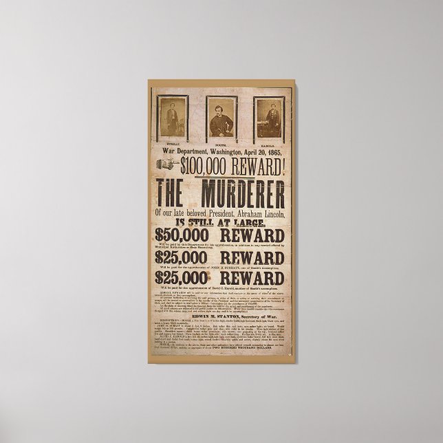 John Wilkes Booth Wanted poster mordet på Abe linc Canvastryck (Framsida)