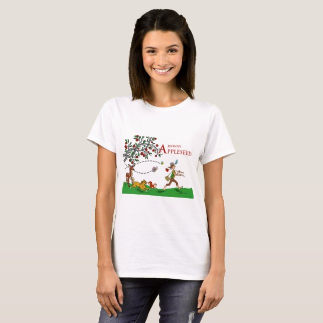 Johnny Appleseed T-Shirt, Animals and Apple Träd T-shirt (Hel framsida)