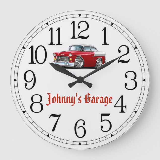 Johnny's Garage Red & White Classic Car Clock Stor Klocka (Framsida)