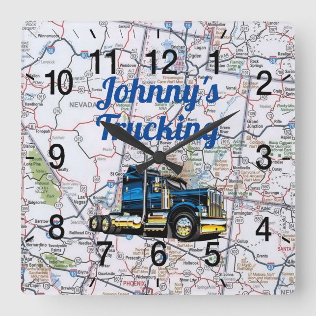 Johnny's Trucking Road Map Square Wall Clock Fyrkantig Klocka (Framsida)