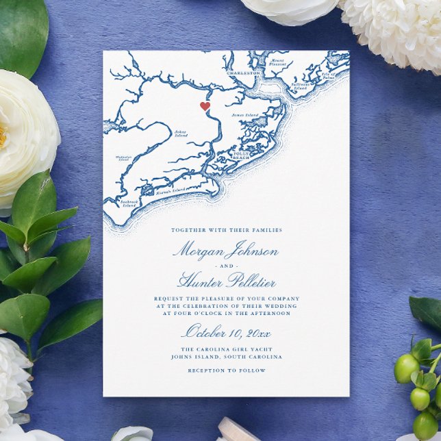 Johns Island SC Karta Elegant Marinblå Bröllop Inbjudningar (Johns Island SC Map Wedding Invitation in Elegant Navy Blue by Coastal Map Designs)