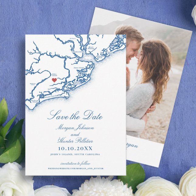 Johns Island SC Karta Elegant Marinblå Bröllop Spara Datumet (Johns Island SC Map Wedding Save the Date with Photo in Elegant Navy Blue by Coastal Map Designs)