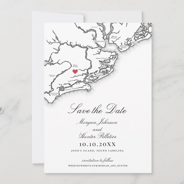 Johns Island SC Map Elegant Black White Wedding Spara Datumet (Framsida)