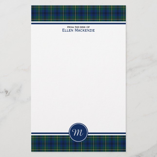 Johnston Klan Tartan Blue och Grönt Play Monogram Brevpapper (Framsida)