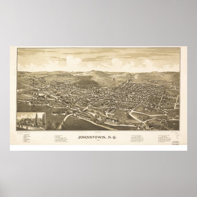 Johnstown New York 1888 Antique Panoramic Karta Poster (Framsidan)