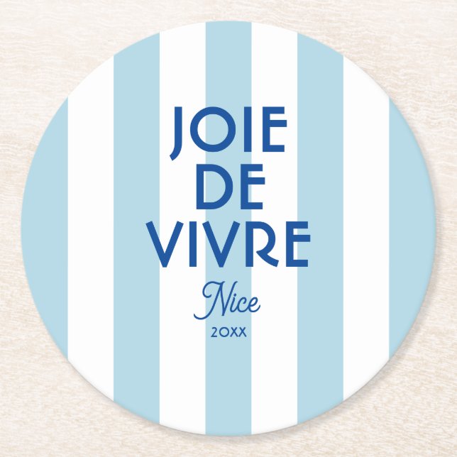 Joie De Vivre Nice Blue Cabana Rand Fransk Underlägg Papper Rund (Framsidan)