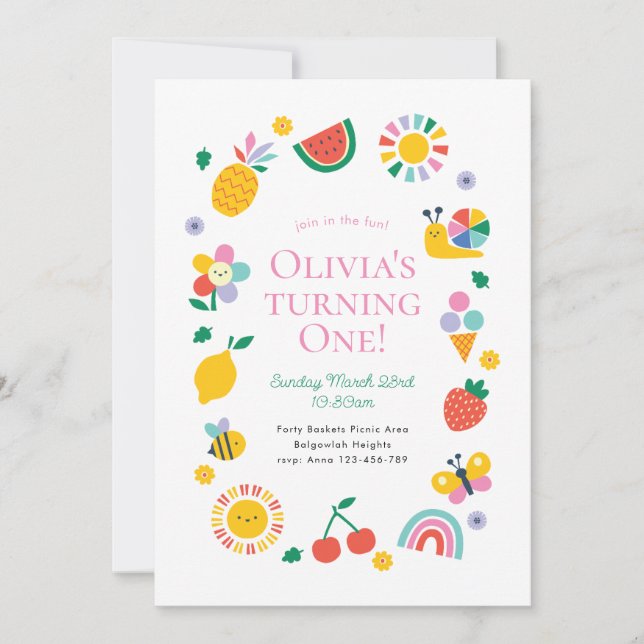 Join in the Fun Coloful Playful First Birthday Inbjudningar (Framsida)