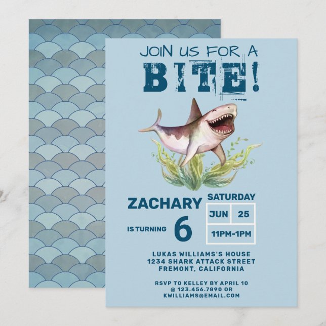 Join Us For a Bite Funny Shark Boys Birthday Party Inbjudningar (Fram/baksida)