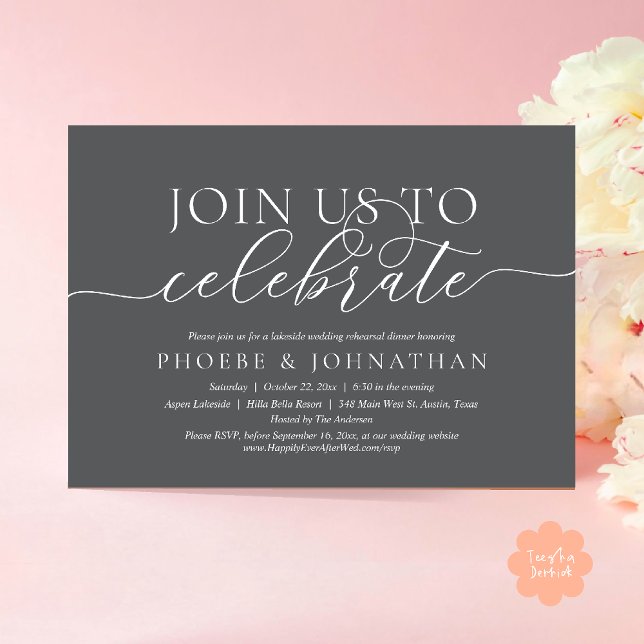 Join Us To Celebrate, Wedding Rehearsal Dinner Inbjudningar (Join Us To Celebrate, Modern Classy Wedding Rehearsal Dinner Invitation card in dark grey)