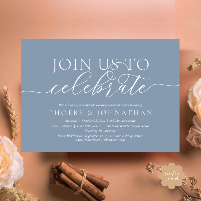 Join Us To Celebrate, Wedding Rehearsal Dinner Inbjudningar (Join Us To Celebrate, Modern Classy Wedding Rehearsal Dinner Invitation card in dusty blue)