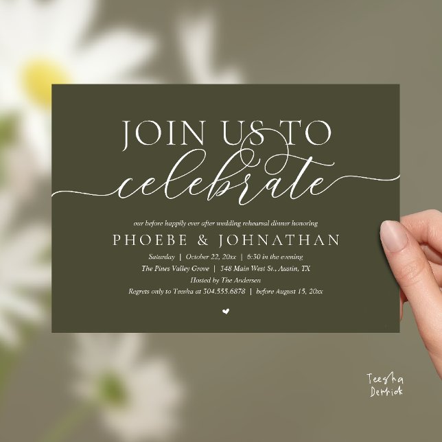 Join Us To Celebrate, Wedding Rehearsal Dinner Inbjudningar (Join Us To Celebrate, Modern Classy Wedding Rehearsal Dinner Invitation card in olive green)