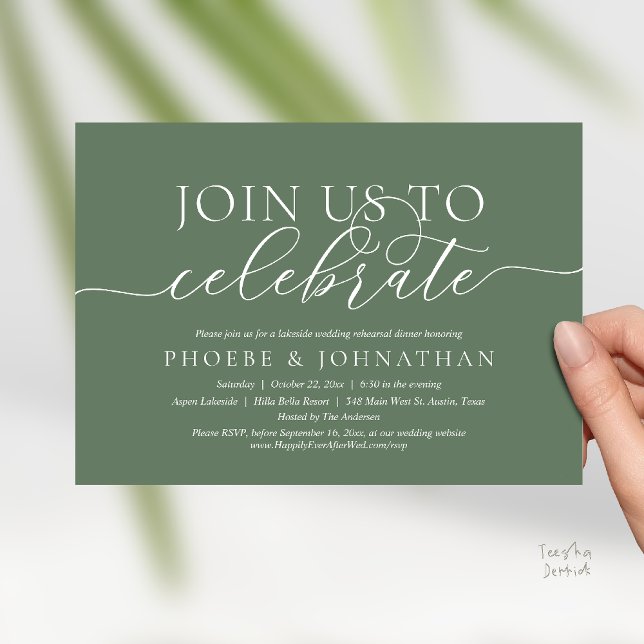 Join Us To Celebrate, Wedding Rehearsal Dinner Inbjudningar (Join Us To Celebrate, Modern Classy Wedding Rehearsal Dinner Invitation card in sage green)