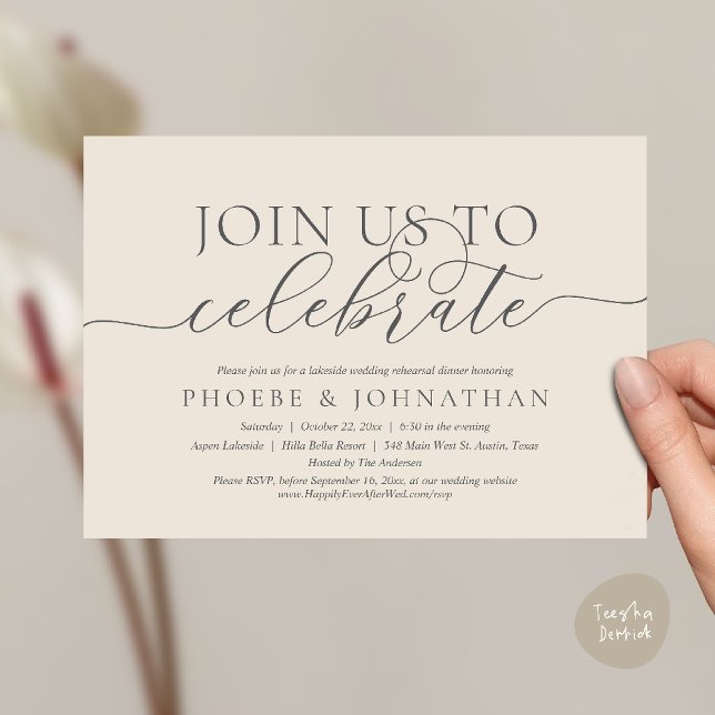 Join Us To Celebrate, Wedding Rehearsal Dinner Inbjudningar (Join Us To Celebrate, Modern Classy Wedding Rehearsal Dinner Invitation card in cream grey)