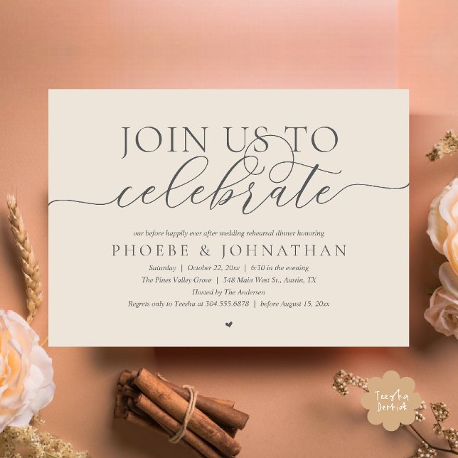 Join Us To Celebrate, Wedding Rehearsal Dinner Inbjudningar (Join Us To Celebrate, Modern Classy Wedding Rehearsal Dinner Invitation card in cream grey)