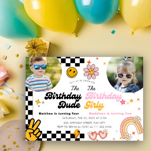 Joint Birthday Groovy Combined Syskon Dubbla Inbjudningar