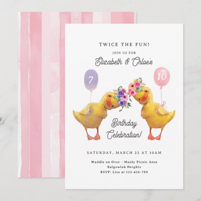 Joint Birthday Invite, Duck Double Party Inbjudningar (Fram/baksida)