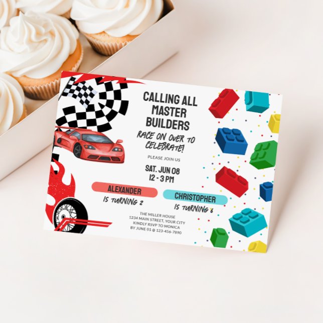 Joint Building Blocks & Race Cars Sibling Birthday Inbjudningar (Dual Kids Birthday Invite - Race Cars and Building Blocks)