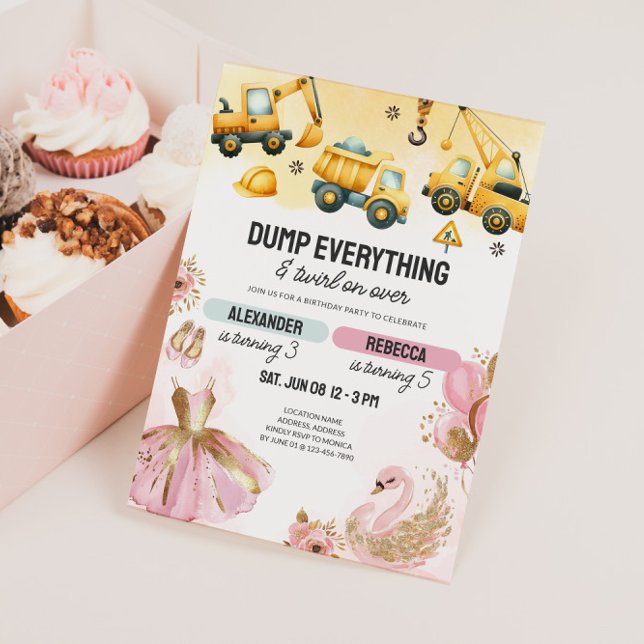 Joint Construction & Ballerina Sibling Birthday Inbjudningar (Joint Kids Birthday Invite - Construction & Ballerina)