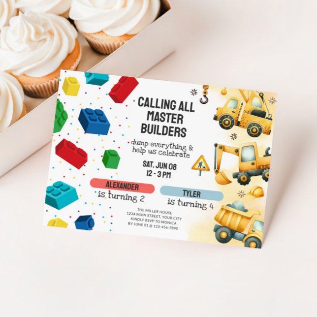 Joint Construction & Building Blocks Birthday Inbjudningar (Dual Birthday Party Invitation - Building Blocks & Dump Trucks)