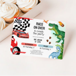 Joint Dinosaur & Race Cars Sibling Birthday Inbjudningar