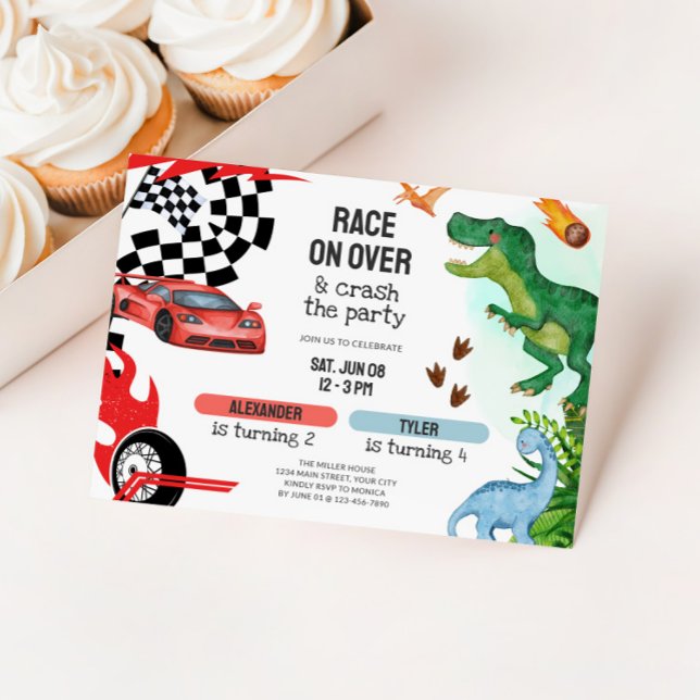 Joint Dinosaur & Race Cars Sibling Birthday Inbjudningar (Dual Kids Birthday Party Invite - Race Cars & Dinosaurs)