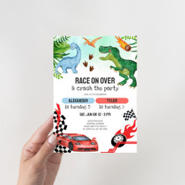 Joint Dinosaur & Race Cars Sibling Birthday Inbjudningar