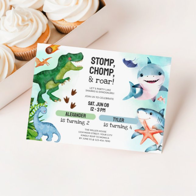 Joint Dinosaur & Sharks Sibling Birthday Inbjudningar (Dual Birthday Party Invitation - Sharks and Dinosaurs)