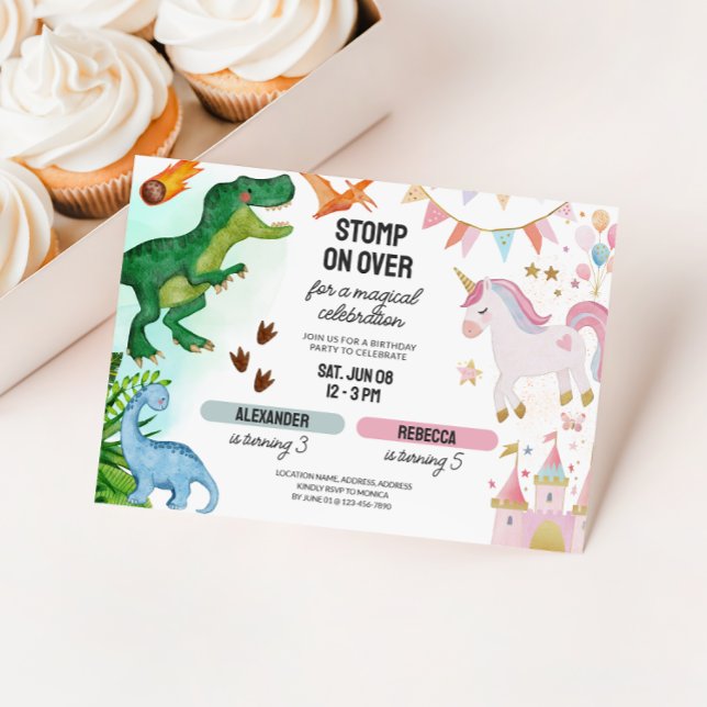 Joint Dinosaur & Unicorn Boy Girl Birthday Inbjudningar (Joint Dinosaur Unicorn Kids Birthday Invitation)