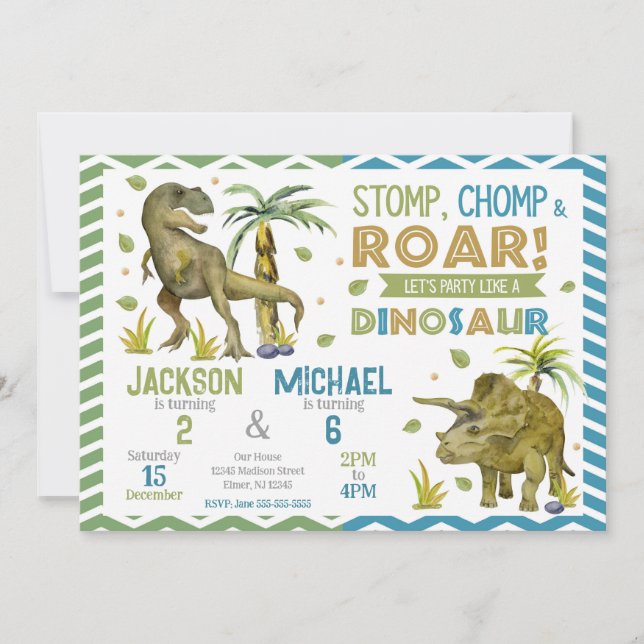 Joint Dinosaurs Siblings Birthday Invitation Inbjudningar (Framsida)