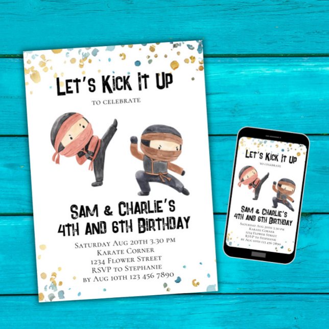 Joint Ninja Syskon Dual Födelsedagsfest Inbjudningar (Skapare uppladdad)