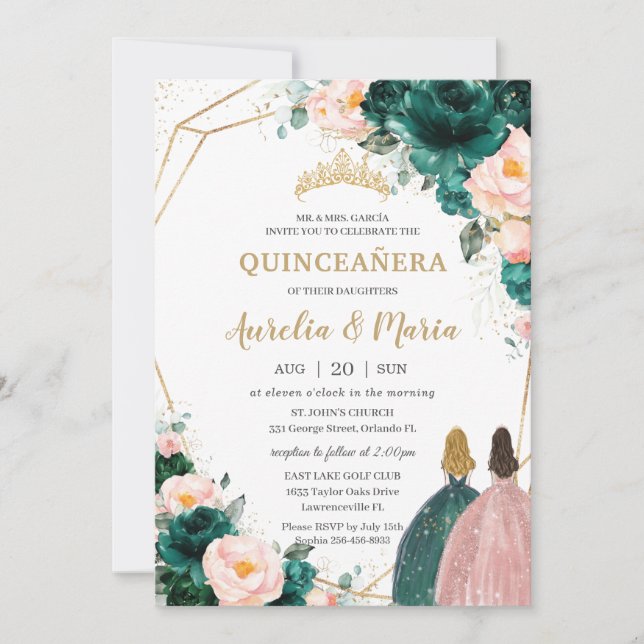 Joint Quinceañera Emerald Grönt  Blommigt Inbjudningar (Framsida)